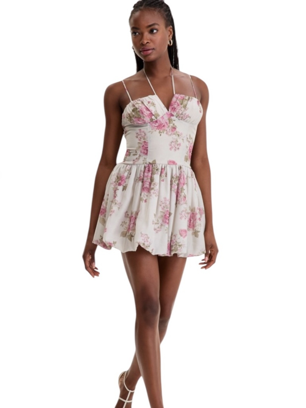 Seni & Cade Rose-Print Bubble-Hem Mini Dress Floral Pink Cream Summer NEW L